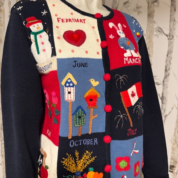 Vintage Rainbow Bridge Embroidered Calendar Cardigan Sweater Size Small - Picture 3 of 16